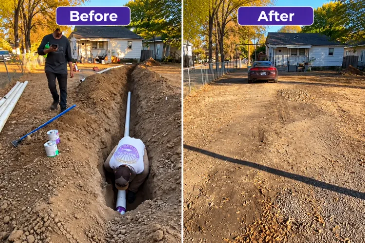 Greeley sewer line replacement before and after: an open trench across the yard, then the same yard filled back in
