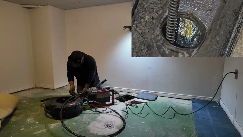 Clogged main sewer line in Greeley: technician running a drain machine through a basement floor drain