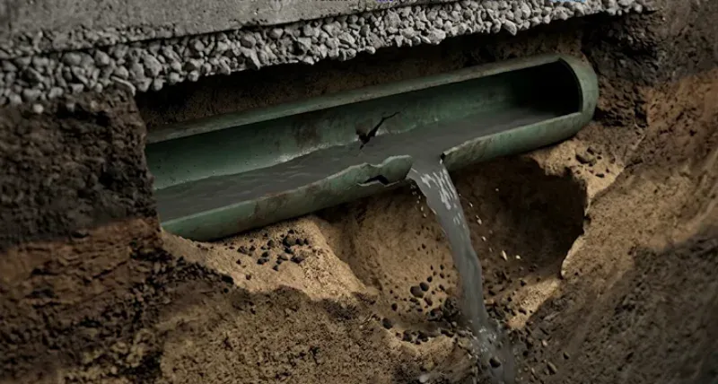 Cracked underground sewer pipe with water leaking out into the surrounding soil
