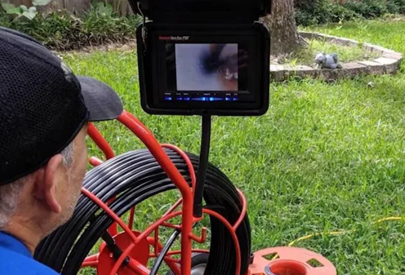 Technician watching a sewer camera monitor on a cable reel in a backyard