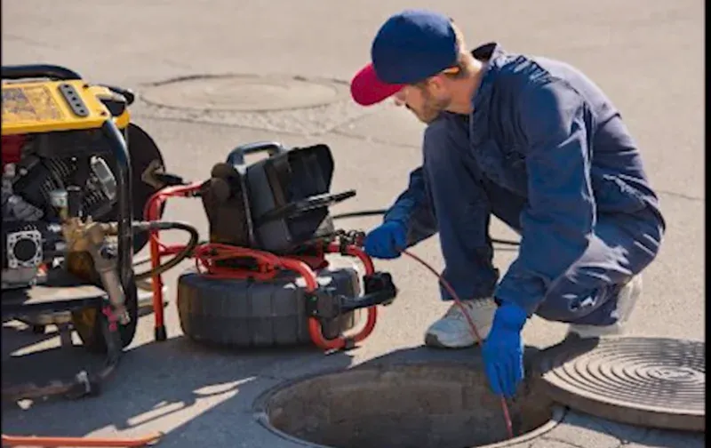 Technician in gloves feeding a cable from a reel machine into a sewer access opening