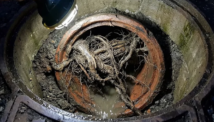 Tree roots in a sewer line in Greeley: a thick mass of roots growing out of a pipe opening